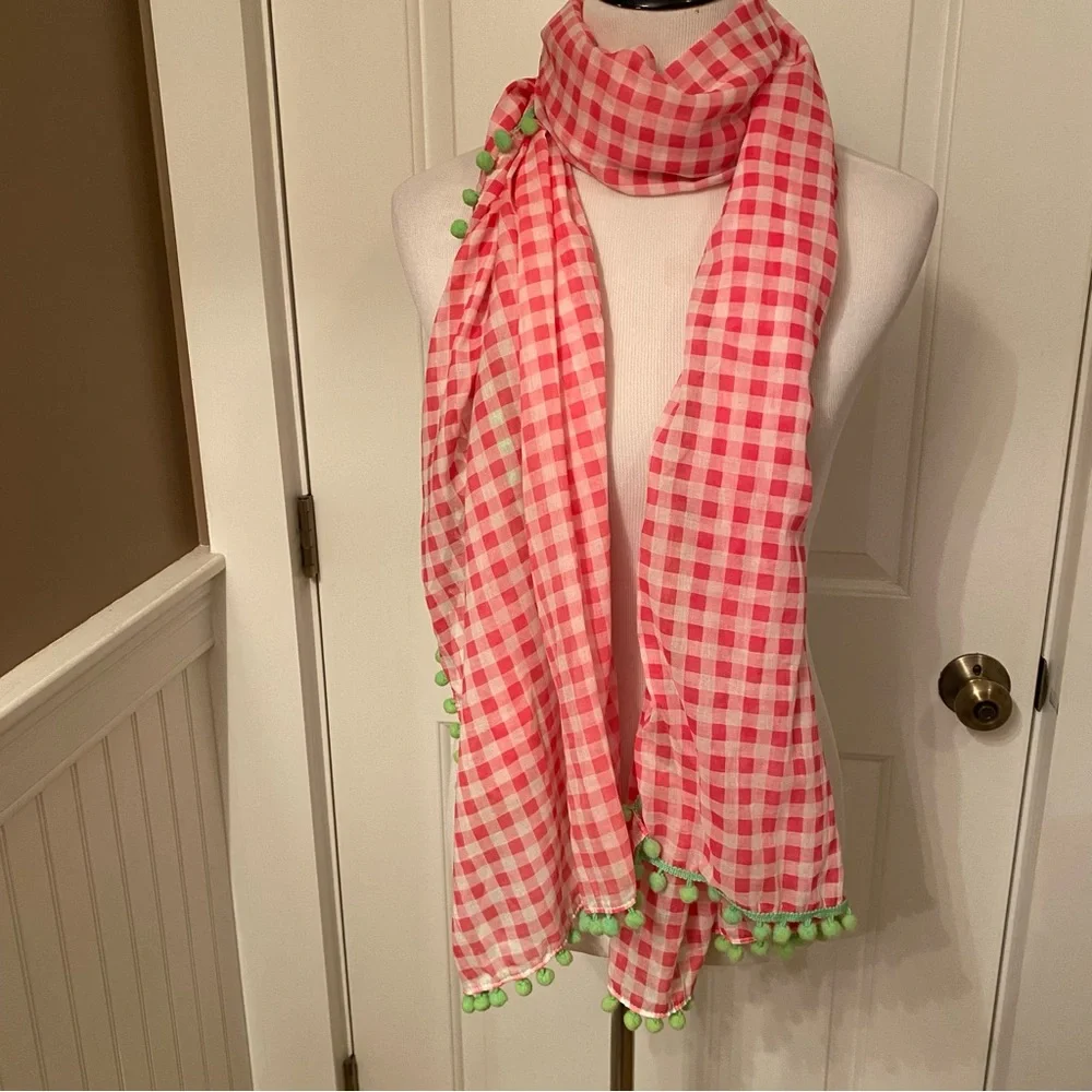 VINEYARD VINES SCARF PINK WHITE GINGHAM CHECK GREEN POM POMS LONG RECTANGLE WRAP